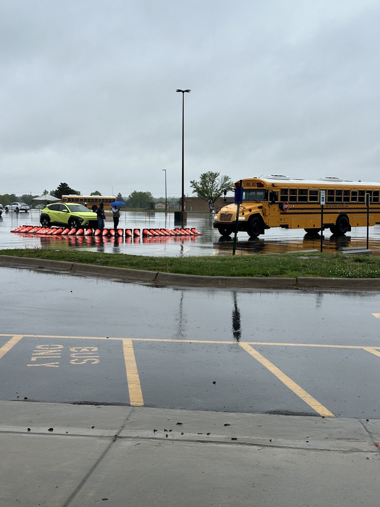 School bus in a rainy parking lot