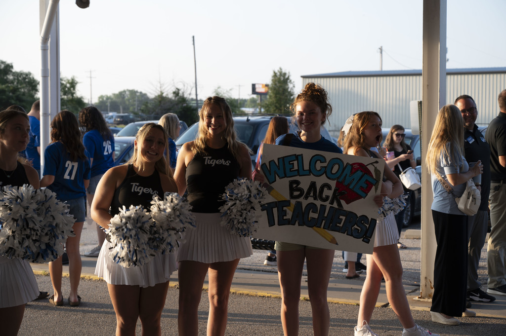 Goddard High School cheer squad welcome back USD 265 Staff at the 2025 District Orientation event