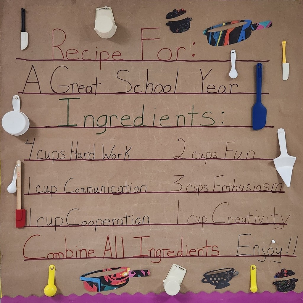 Ingredients for School Success: 4 cps hard work. 2 cps fun. 1 cup communication. 3 cps Enthusiasm! 1 cup cooperation. 1 cup Creativity. Combine all Ingredients & Enjoy!