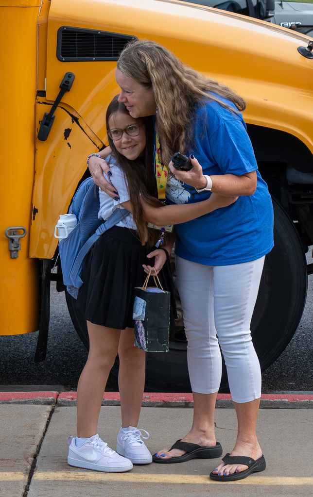 Earhart student and teacher on the first day of school
