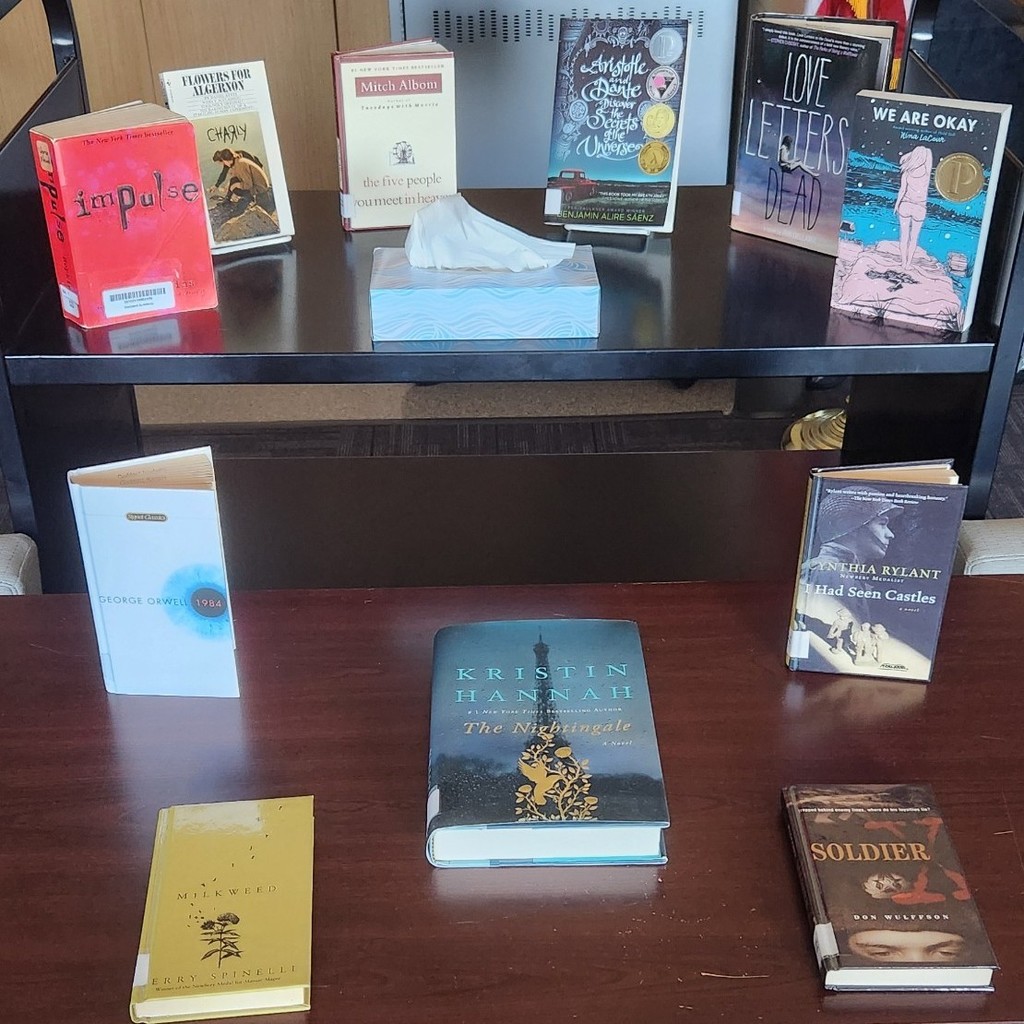 Display of tear-jerking books with tissue box above a display of historical fiction books