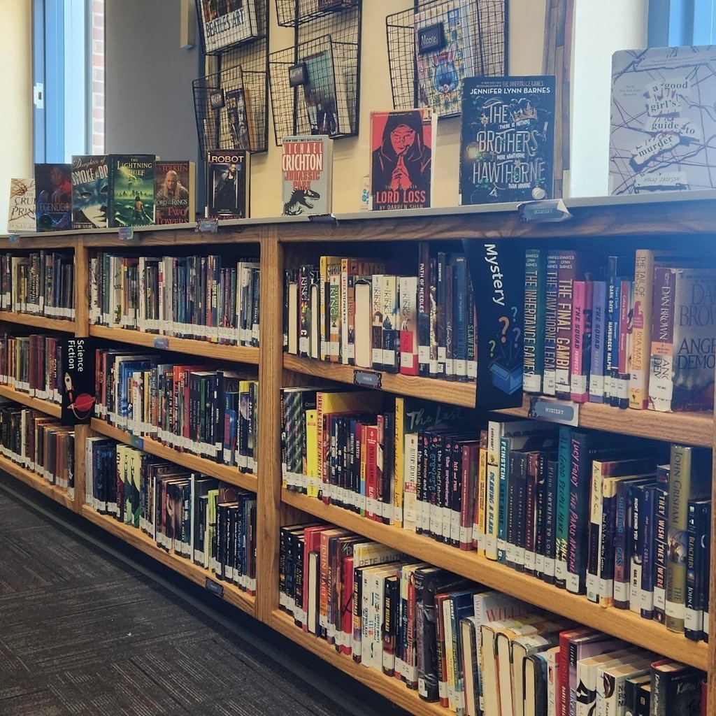 Long row of bookshelves with books sitting on top. Fantasy, SciFi, Suspense, Mystery, Adventure genres displayed.