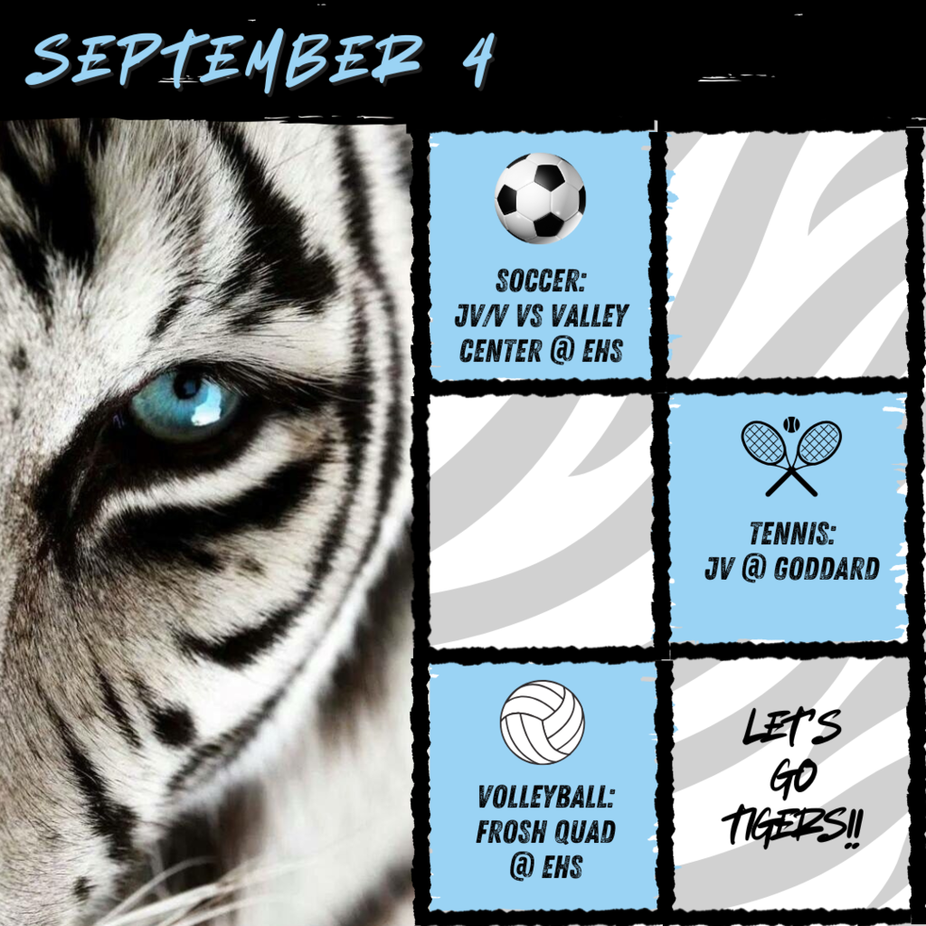 IKE teams are back at it today. Soccer hosts Valley Center. JV Tennis is at Goddard. Frosh Volleyball will host quad play today. Let's GO TIGERS! #tigernationproud