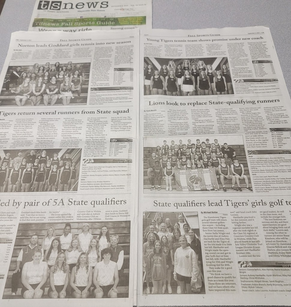 Times-Sentinel Newspaper spread showing various articles covering the Goddard High School Lions and Eisenhower High School Tigers cross country, girls golf, and girls tennis