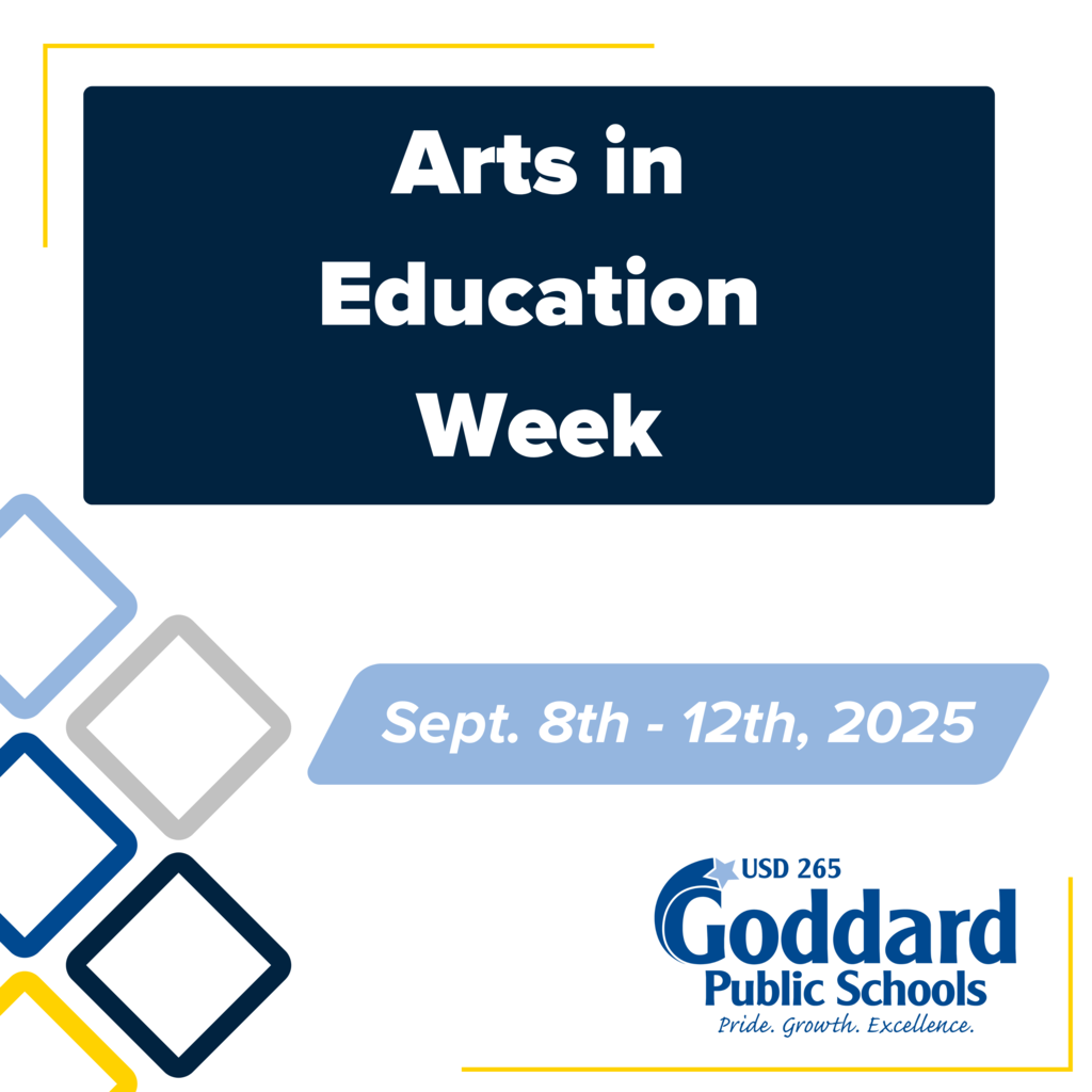 USD 265 branded graphic that shows the Goddard Public Schools logo, as well as the text "Arts in Education Week" and "Sept. 8th - 12th, 2025"