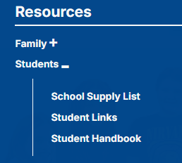 Screenshot of the Goddard High School website, showing the "Resources" section of the site menu, and showing dropdown menus of "Family" (not expanded) and "Students" (expanded to show "School Supply List, Student Links, Student Handbook")