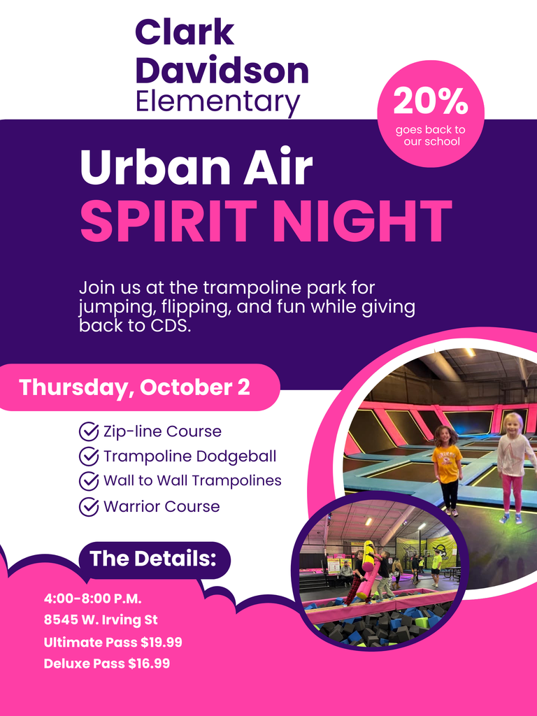 Jump into fun! Join us at Urban Air on Thursday, October 2nd from 4–8pm for an unforgettable night of jumping, laughter and school spirit! Go Lions! 