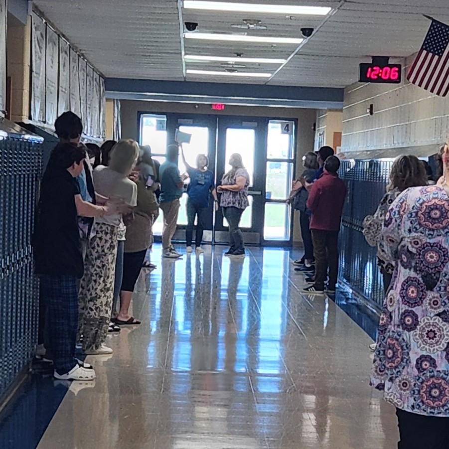 Walking down hall