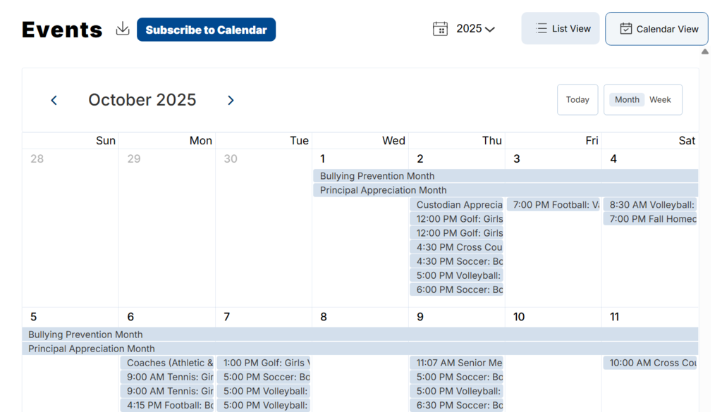GHS "Events" section screenshot (from desktop website)
