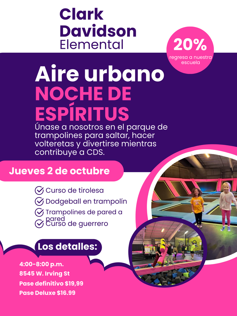 Today is Urban Air Spirit Night from 4–8pm! Come enjoy discounted tickets (socks and water included), tons of fun and support our school with 20% of sales coming back to us!