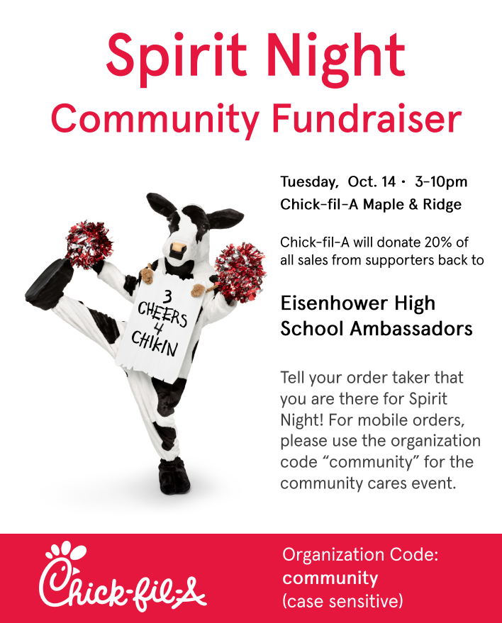 Chick-fil-A EHS Ambassador Fundraiser night Oct 14 from 3-10pm