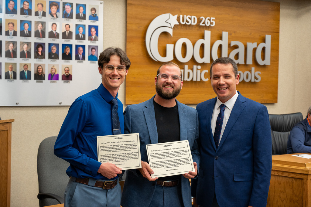 Micah Bolton & Joe Richey receiving the District Attitude Award (standing along Nick Grummert) at the October 2025 USD 265 Board of Education meeting