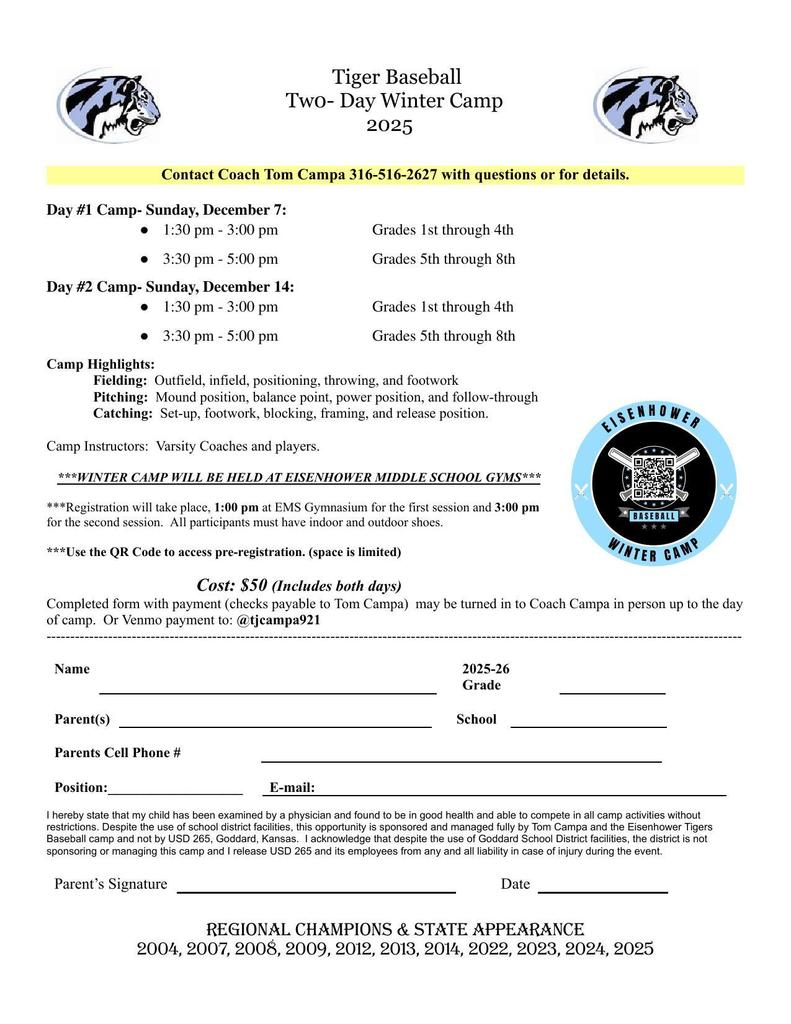 Tiger Baseball two-day winter camp sign up