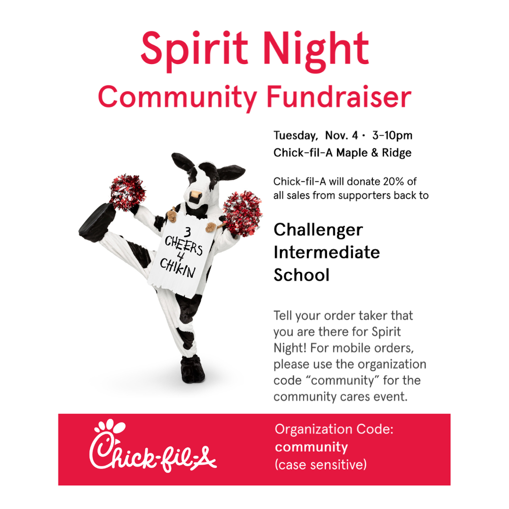 Chick fil a spirit Night November 4th 3-10pm