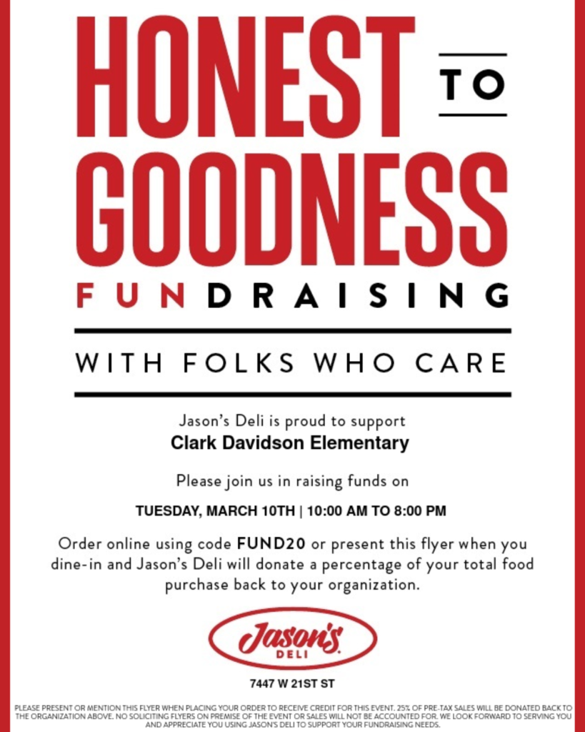CDS PTO Jason's Deli fundraiser. Order online using code FUN20 or present the flyer when you dine in, and Jason's Deli will donate a percentage of your total food purchase back to CDS.