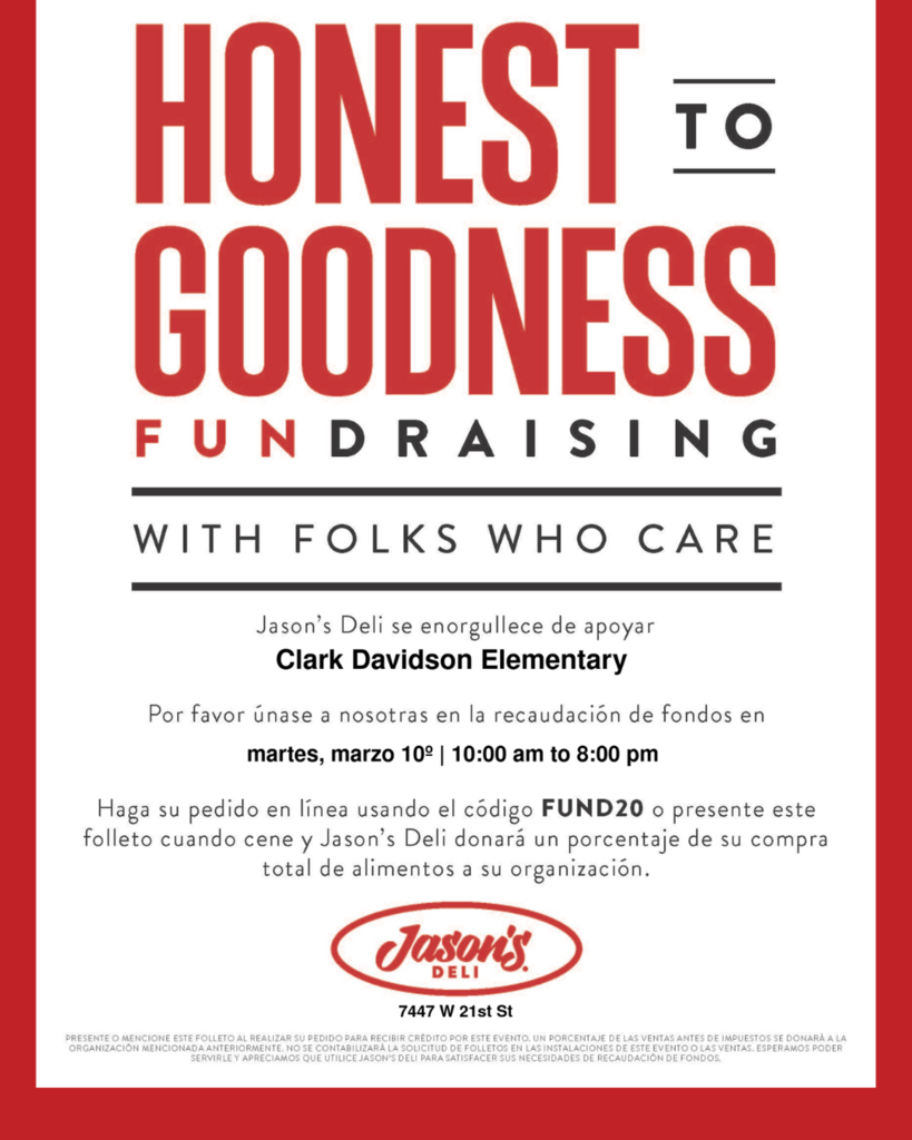 CDS PTO Jason's Deli fundraiser. Order online using code FUN20 or present the flyer when you dine in, and Jason's Deli will donate a percentage of your total food purchase back to CDS.