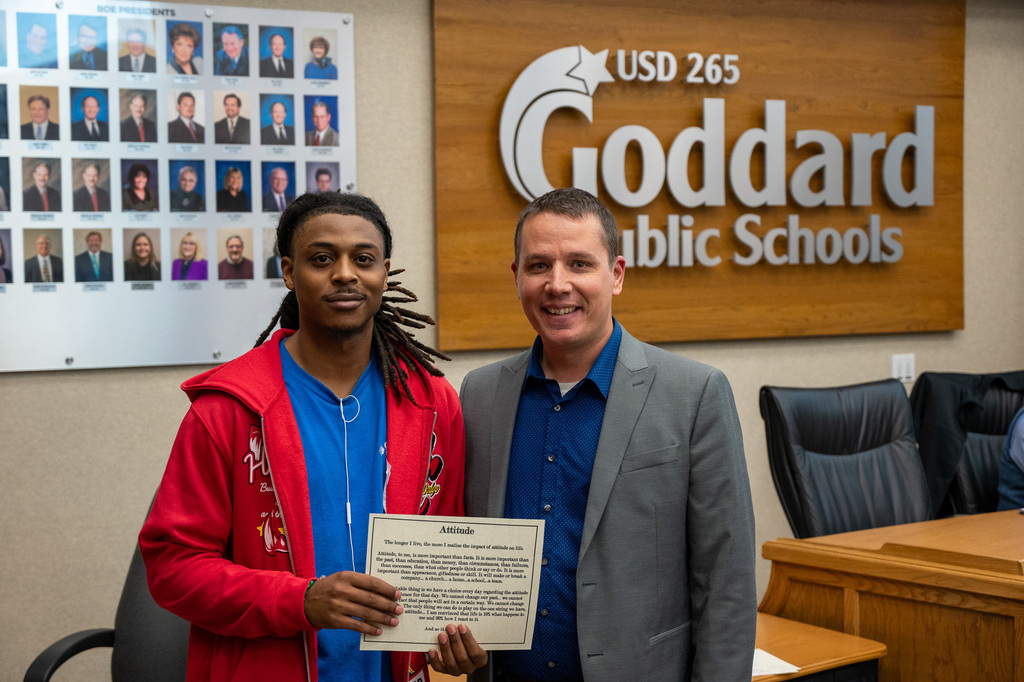 Fred "MJ" Jenkins receives the District Attitude Award from the USD 265 Goddard Board of Education at the Nov. 2025 BOE meeting