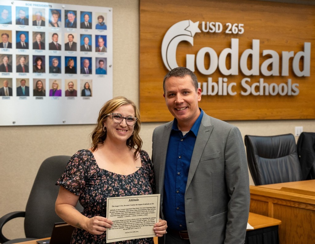 Kelci Mohr, receives the district attitude award from the usd 265 boe, at the nov. 2025 boe meeting