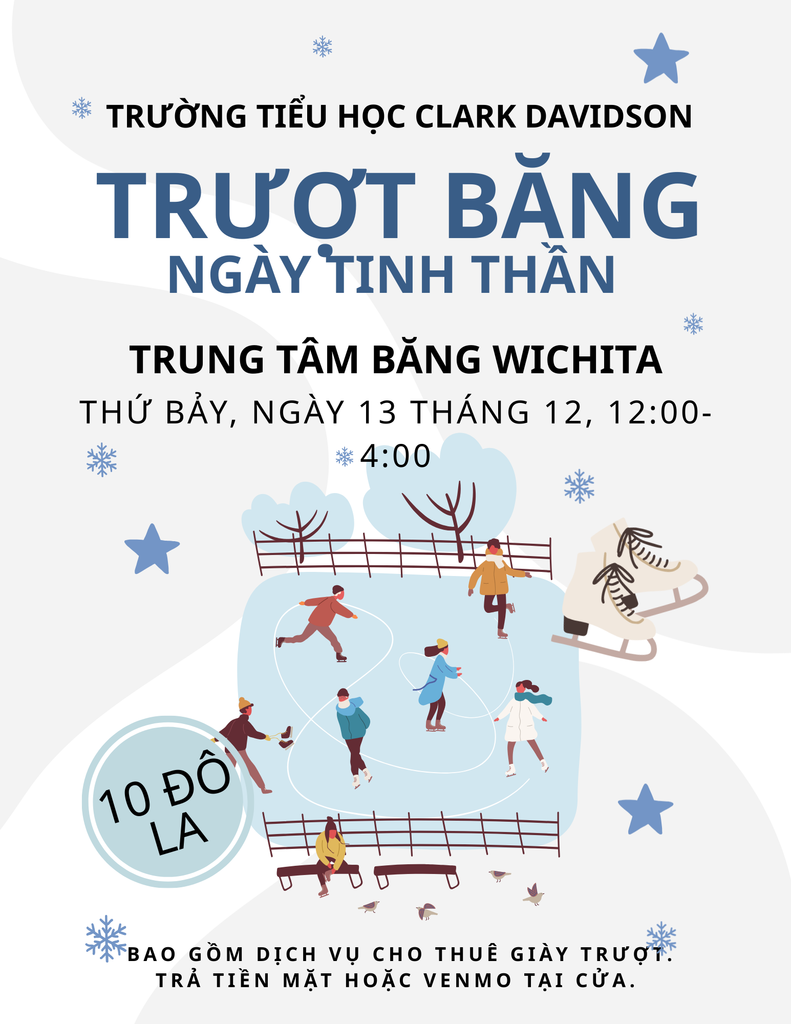 The Winter Wonderland Workshop was a blast, now we’re ready to skate! Join in on the fun Saturday, Dec. 13, anytime from 12–4 PM at the Wichita Ice Center for discounted $10 tickets with skates included! 50% of profits support Clark Davidson Elementary.  See you on the ice! 