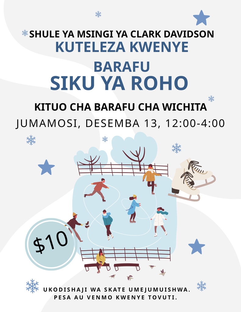 The Winter Wonderland Workshop was a blast, now we’re ready to skate! Join in on the fun Saturday, Dec. 13, anytime from 12–4 PM at the Wichita Ice Center for discounted $10 tickets with skates included! 50% of profits support Clark Davidson Elementary.  See you on the ice! 