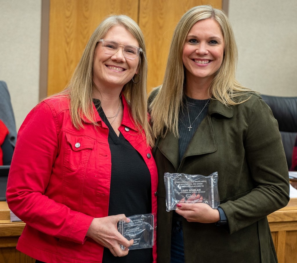 Brandy Lane and Leah Whelan are recognized by the USD 265 Board of Education at the December 2025 meeting for being the district nominees for Kansas Teacher of the Year