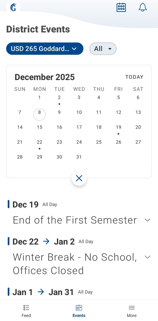 USD 265 mobile app screenshot showing a calendar of December 2025