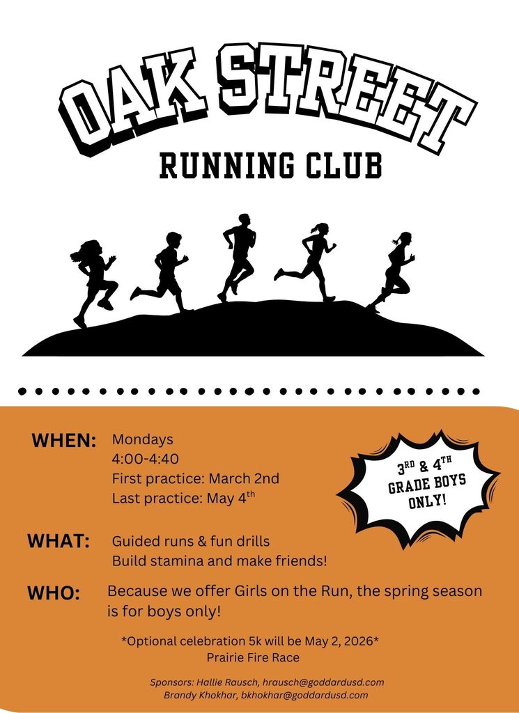 Oak Street Running Club for 3rd and 4th grade boys only
