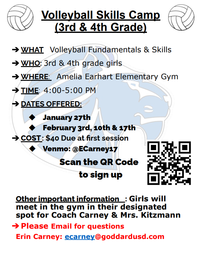 Volleyball Skills Camp. January 27th, February 3rd, 10th, and 17th. 3rd and 4th grade girls only