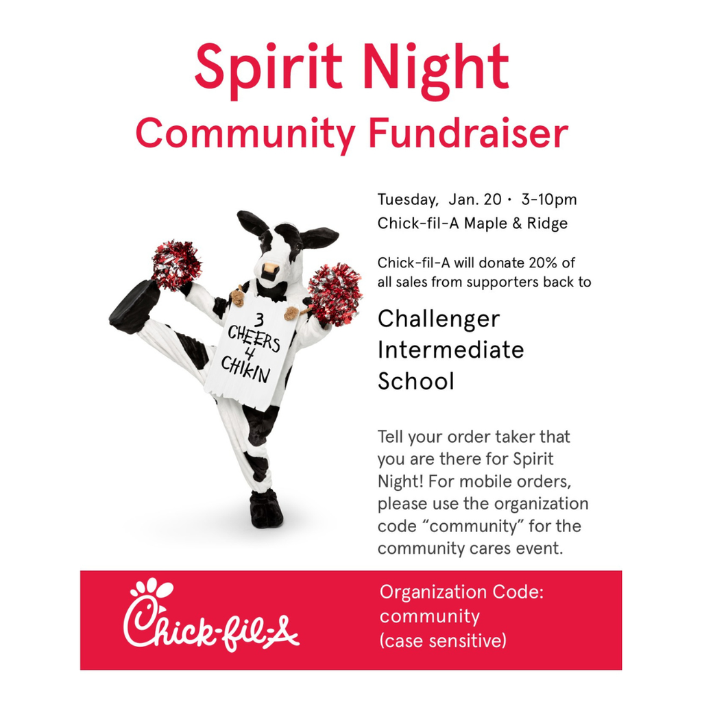 Chick Fil A Spirit Night TONIGHT Maple & Ridge 3-10pm Use Organization Code:  community (case sensitive)