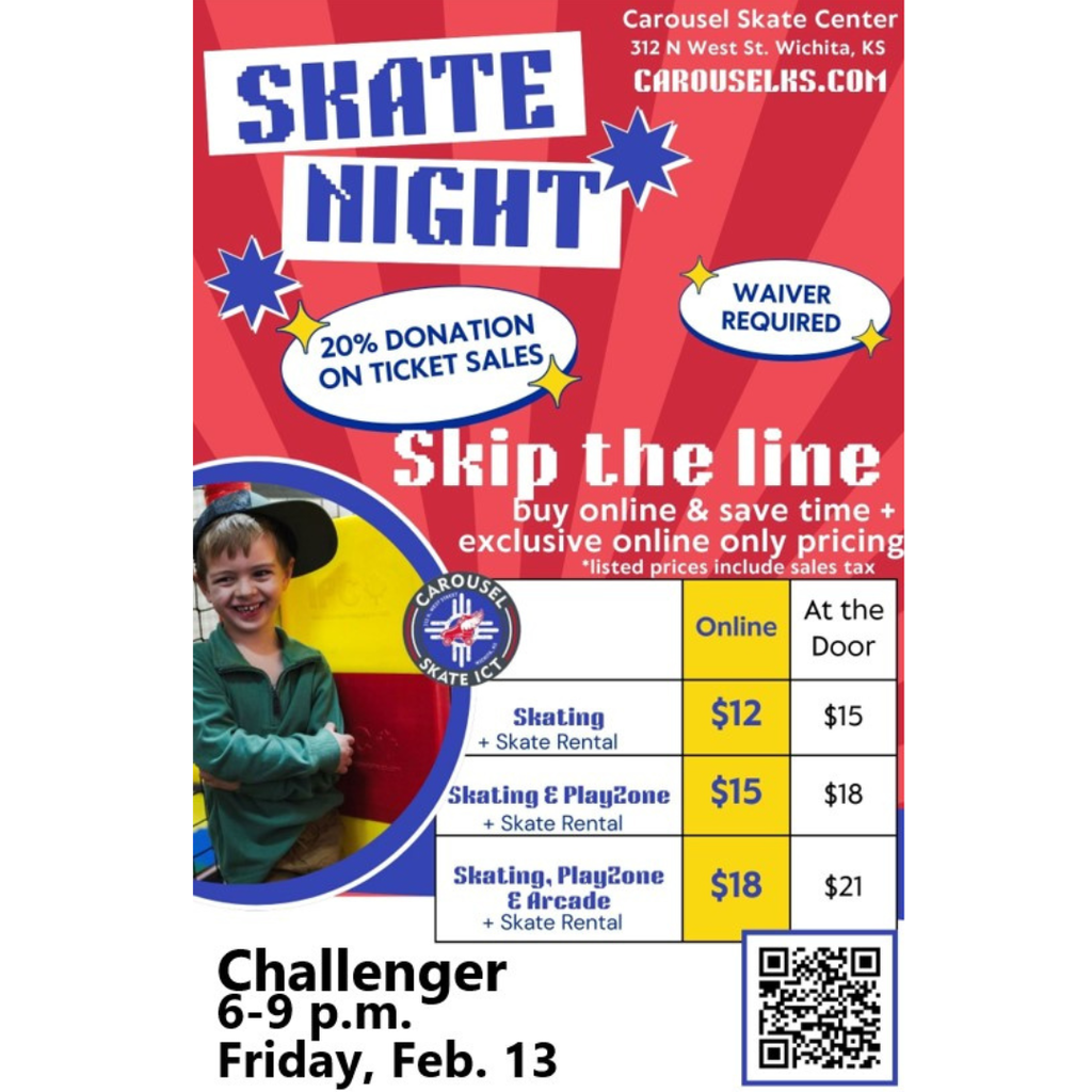 Skate Night February 13th, 6-9pm at Carousel Skate Center. 