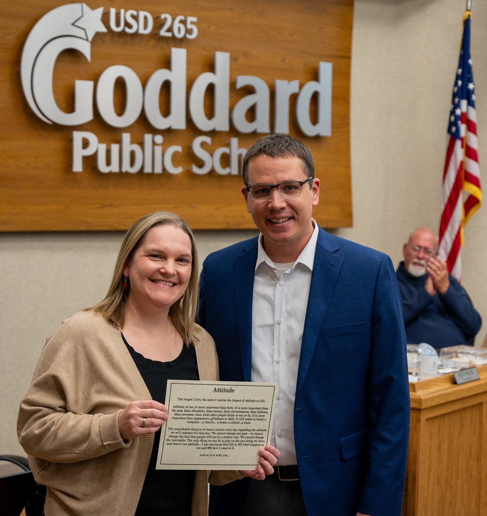 Rachel Dodge, Special Education Teacher at CDS, wins the District Attitude Award at the Jan. 2026 USD 265 Board of Education meeting