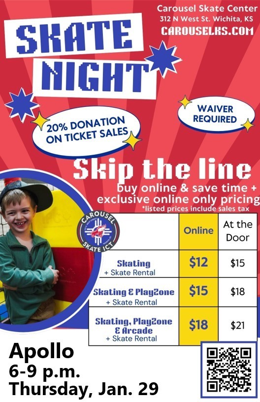 Apollo Skate Night, January 29th, 6:00-9:00pm at Carousel Skate Center