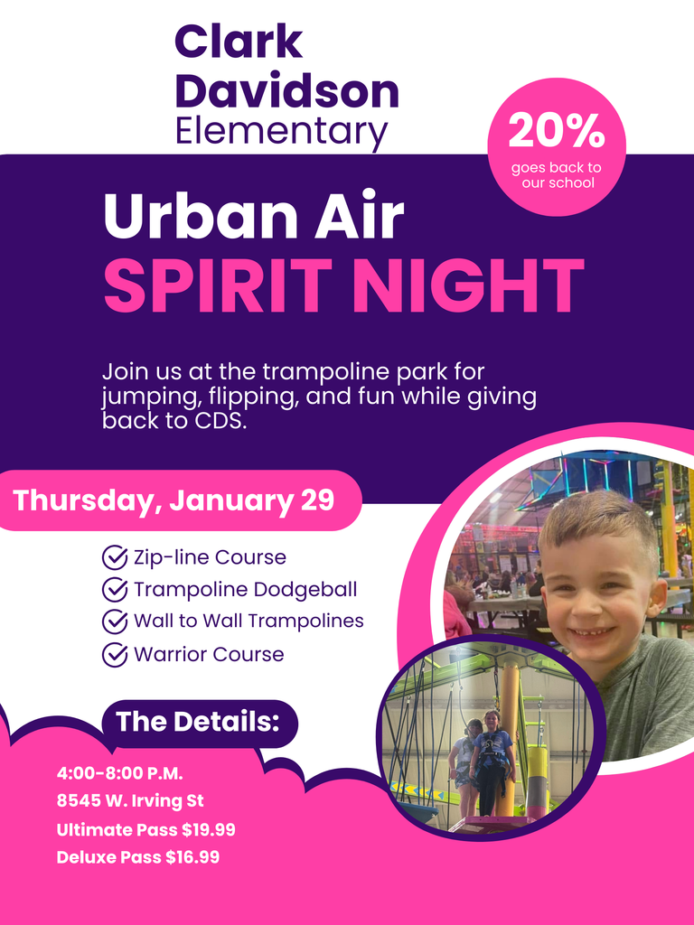 Urban Air Spirit Night TONIGHT! Join us tonight, Thursday, January 29th, from 4–8 PM. We hope you can jump in and visit us for some fun!