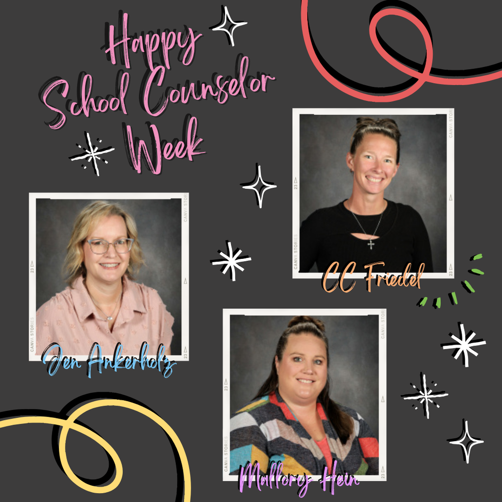 Grey background  with three pictures, white sparkles, squiggles, and text. Pictured is:  Mallory Hein,  C.C. Friedel, and Jen Ankerholzs. Text reads, "Happy School Counselor Week" in pink, "Jen Ankerholz" in blue, "C.C. Friedel" in orange, "Mallory Hein" in purple.
