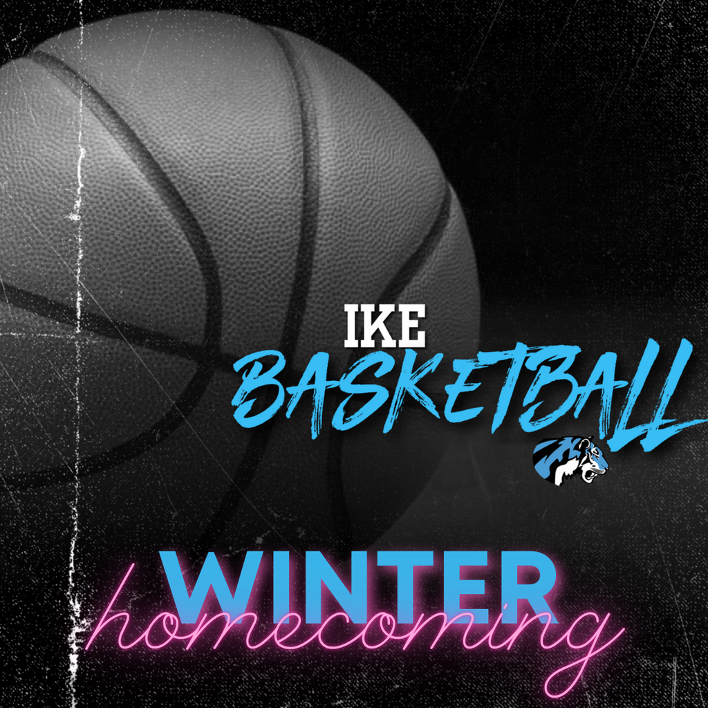 Black and white basketball background with the text, "IKE Basketball Winter homecoming". EHS Tiger Logo also pictured.