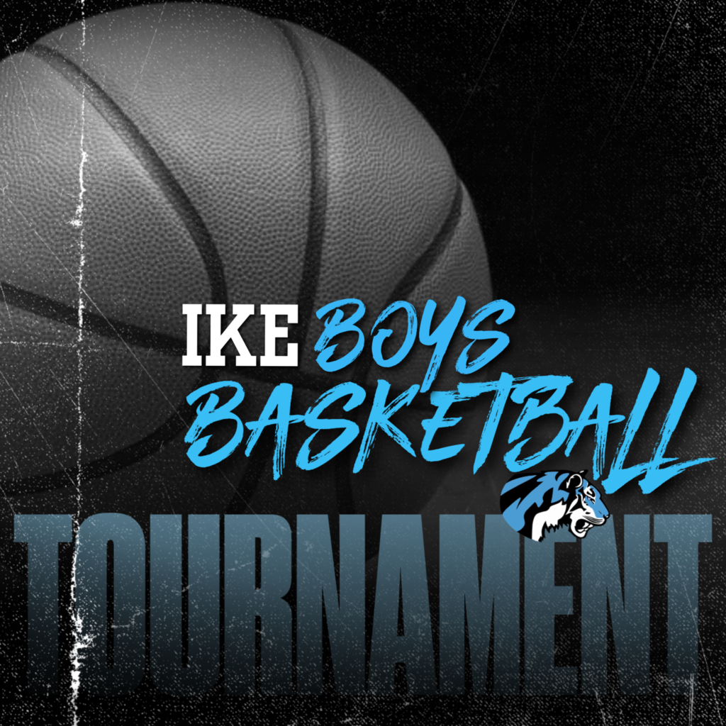 Black and white basketball background. Text in the front reads, "IKE Boys Basketball Tournament" with the EHS logo.