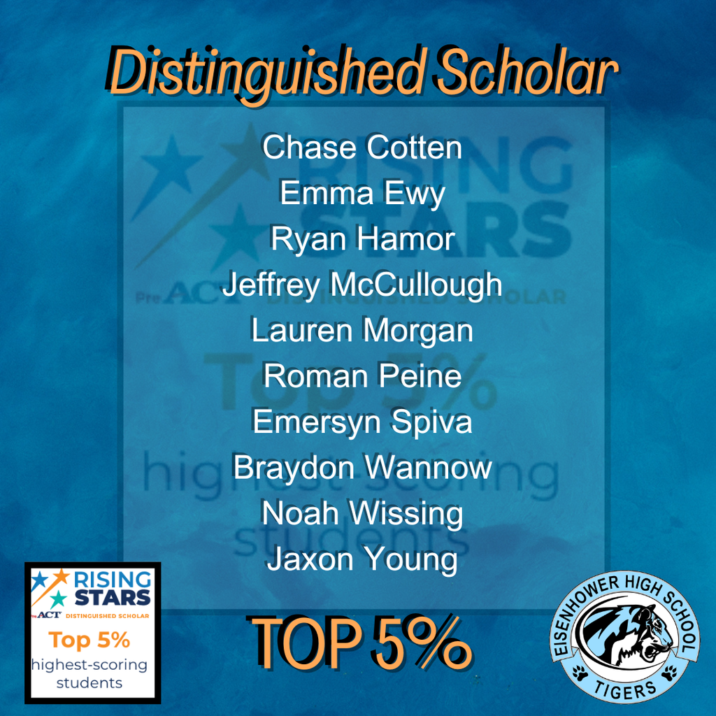 Blue Rising Stars background with the Eisenhower High School LOGO in the bottom right corner and the Rising Star LOGO in the bottom left corner. Text at the top reads, "Distiquished Scholar" and at the bottom reads, "Top 5%". Text in the middle reads students names.