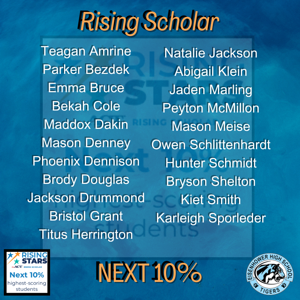 Blue Rising Stars background with the Eisenhower High School LOGO in the bottom right corner and the Rising Star LOGO in the bottom left corner. Text at the top reads, "Rising Scholar" and at the bottom reads, "Next 10%". Text in the middle reads students names.