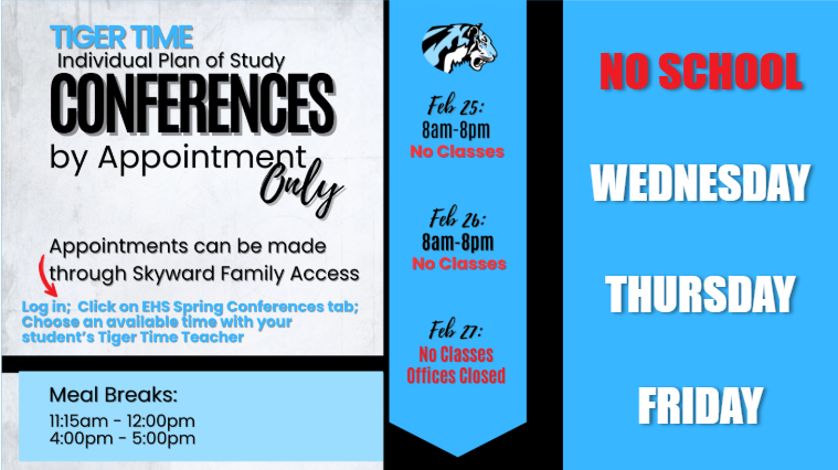 White and Blue bakground with informative text about conferences. Title includes "TIGER TIME Individual Plan of Study CONFERENCES by Appointment Only"