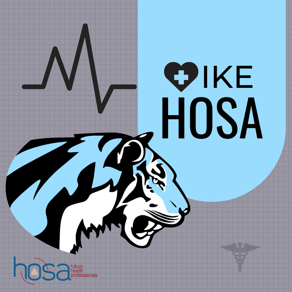Background: light gray with dark gray grid lines, heart rythm lines, Tiger logo, HOSA logo, doctor shield; Text: IKE HOSA,