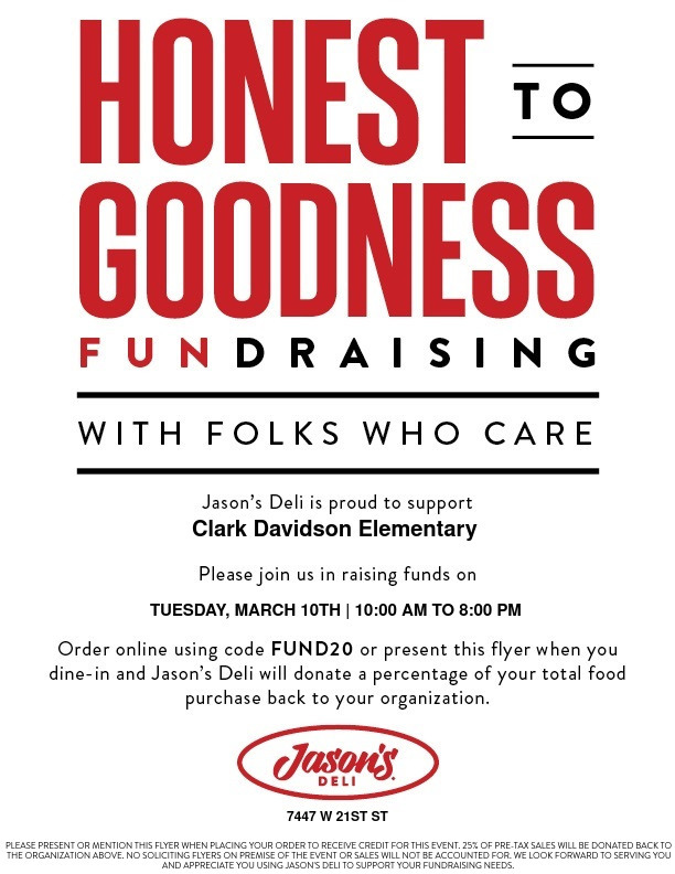 Just a few days until Spring Break, and the chaos is real! Take a night off from cooking and join us for Clark Davidson Elementary Spirit Night at Jason's Deli West location at 7447 W 21st tonight, March 10th, from 10 am-8 pm. Let’s enjoy a delicious meal, relax for a bit, and raise money for our amazing school all at the same time. See you there!