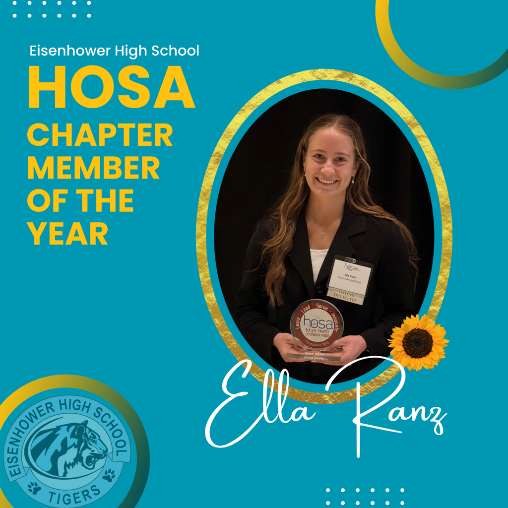 Teal background with gold accents and a EHS Tiger Logo. Picture of Ella Ranz