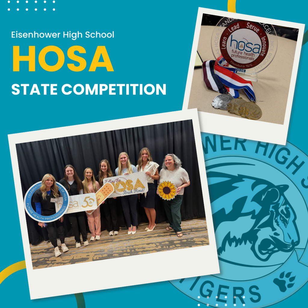 Teal background with gold accents and a EHS Tiger Logo. Pictures of the HOSA state competition.