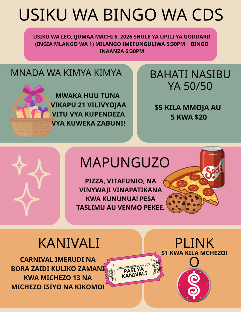 CDS BINGO NIGHT IS TONIGHT! Grab your lucky daubers and come out for a night of food, fun, and prizes! What’s happening: Bingo – exciting games with lots of chances to win! 50/50 Raffle – half the pot goes to the lucky winner! Plus, the first 95 people to buy their ticket(s) get a free chicken dinner voucher from Raising Canes! (cash only) Plinko – drop a chip and see what prize you land on! (cash only) Carnival – unlimited plays and a chance to win prizes at EVERY game! Silent Auction – bid on 21 amazing baskets! Concessions – Pizza, snacks, and drinks will be available for purchase (cash or Venmo only). If you pre-ordered pizza your voucher is included in your pre-order packet. Bring your friends, bring your good luck, and come enjoy a fun night filled with games, prizes, and great company. We can’t wait to see everyone there!