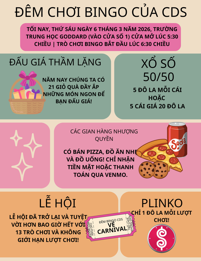 CDS BINGO NIGHT IS TONIGHT! Grab your lucky daubers and come out for a night of food, fun, and prizes! What’s happening: Bingo – exciting games with lots of chances to win! 50/50 Raffle – half the pot goes to the lucky winner! Plus, the first 95 people to buy their ticket(s) get a free chicken dinner voucher from Raising Canes! (cash only) Plinko – drop a chip and see what prize you land on! (cash only) Carnival – unlimited plays and a chance to win prizes at EVERY game! Silent Auction – bid on 21 amazing baskets! Concessions – Pizza, snacks, and drinks will be available for purchase (cash or Venmo only). If you pre-ordered pizza your voucher is included in your pre-order packet. Bring your friends, bring your good luck, and come enjoy a fun night filled with games, prizes, and great company. We can’t wait to see everyone there!