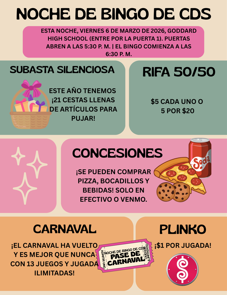 CDS BINGO NIGHT IS TONIGHT! Grab your lucky daubers and come out for a night of food, fun, and prizes! What’s happening: Bingo – exciting games with lots of chances to win! 50/50 Raffle – half the pot goes to the lucky winner! Plus, the first 95 people to buy their ticket(s) get a free chicken dinner voucher from Raising Canes! (cash only) Plinko – drop a chip and see what prize you land on! (cash only) Carnival – unlimited plays and a chance to win prizes at EVERY game! Silent Auction – bid on 21 amazing baskets! Concessions – Pizza, snacks, and drinks will be available for purchase (cash or Venmo only). If you pre-ordered pizza your voucher is included in your pre-order packet. Bring your friends, bring your good luck, and come enjoy a fun night filled with games, prizes, and great company. We can’t wait to see everyone there!