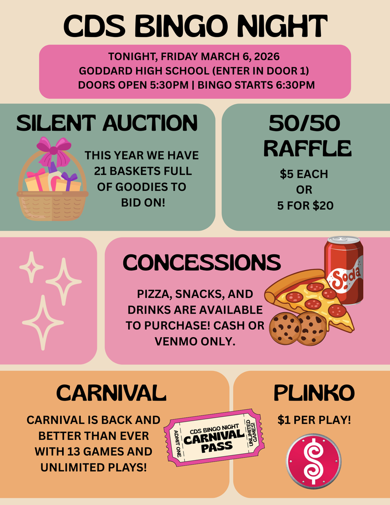 CDS BINGO NIGHT IS TONIGHT! Grab your lucky daubers and come out for a night of food, fun, and prizes! What’s happening: Bingo – exciting games with lots of chances to win! 50/50 Raffle – half the pot goes to the lucky winner! Plus, the first 95 people to buy their ticket(s) get a free chicken dinner voucher from Raising Canes! (cash only) Plinko – drop a chip and see what prize you land on! (cash only) Carnival – unlimited plays and a chance to win prizes at EVERY game! Silent Auction – bid on 21 amazing baskets! Concessions – Pizza, snacks, and drinks will be available for purchase (cash or Venmo only). If you pre-ordered pizza your voucher is included in your pre-order packet. Bring your friends, bring your good luck, and come enjoy a fun night filled with games, prizes, and great company. We can’t wait to see everyone there!