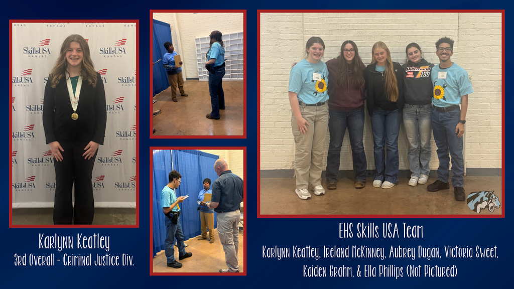 Navy background with four pictures of Skills USA Students with red borders. Text with students names and "EHS Skills USA Team"