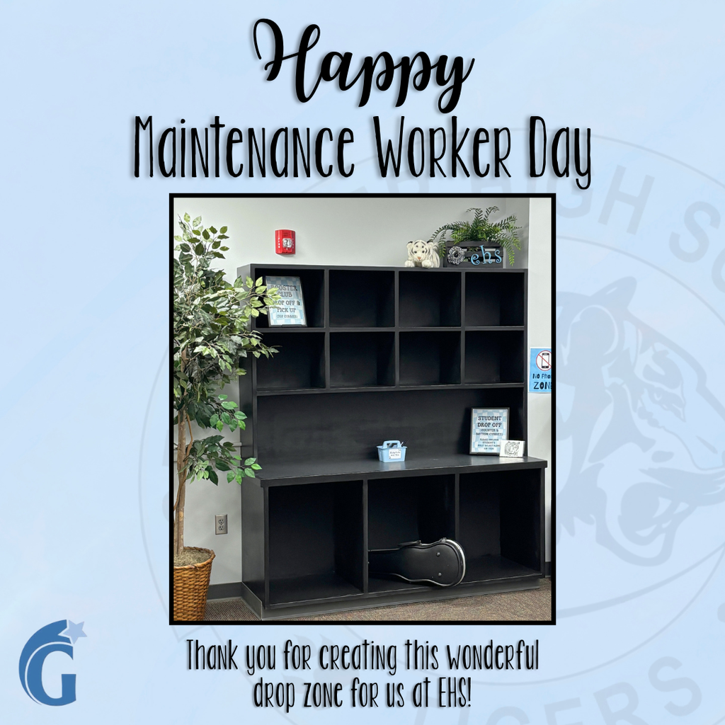 Blue background with a Goddard Public Schools LOGO and and EHS LOGO. Centered is a photo of shelves with black border. Black text at the top and bottom of picture.