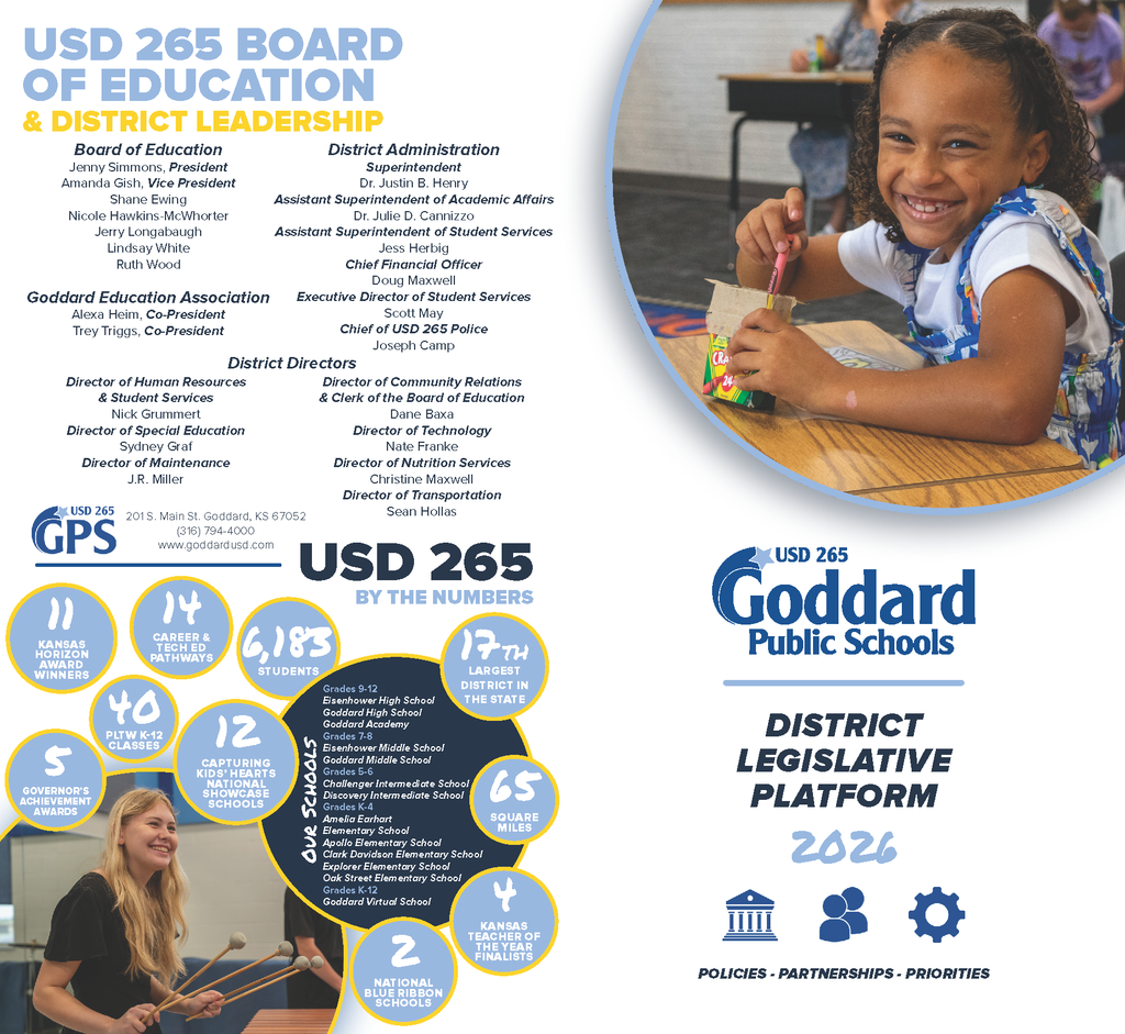 USD 265 BOARD OF EDUCATION & DISTRICT LEADERSHIP District Administration Superintendent Dr. Justin B. Henry Assistant Superintendent of Academic Affairs Dr. Julie D. Cannizzo Assistant Superintendent of Student Services Jess Herbig Chief Financial Officer Doug Maxwell Executive Director of Student Services Scott May Chief of USD 265 Police Joseph Camp Goddard Education Association Alexa Heim, Co-President Trey Triggs, Co-President District Directors Director of Human Resources & Student Services Nick Grummert Director of Special Education Sydney Graf Director of Maintenance J.R. Miller Director of Community Relations & Clerk of the Board of Education Dane Baxa Director of Technology Nate Franke Director of Nutrition Services Christine Maxwell Director of Transportation Sean Hollas Board of Education Jenny Simmons, President Amanda Gish, Vice President Shane Ewing Nicole Hawkins-McWhorter Jerry Longabaugh Lindsay White Ruth Wood USD 265 By the Numbers - 11 Kansas Horizon Award Winners, 12 Career & Tech Ed Pathways, 6,183 Students, 12 Capturing Kids' Hearts National Showcase Schools, 40 PLTW K-12 Classes, 5 Governor's Achievement Awards, 17th Largest District in the State, 65 Square Miles, 4 Kansas Teacher of the Year Finalists, 2 National Blue Ribbon Schools - OUR SCHOOLS: Grades 9-12 Eisenhower High School, Goddard High School, Goddard Academy; Grades 7-8 Eisenhower Middle School, Goddard Middle School; Grades 5-6 Challenger Intermediate School, Discovery Intermediate School; Grades K-4 Amelia Earhart Elementary School, Apollo Elementary School, Clark Davidson Elementary School, Explorer Elementary School, Oak Street Elementary School; Grades K-12 Goddard Virtual School